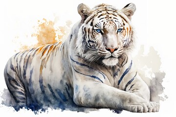 Watercolor white tiger illustration white background,Generative AI