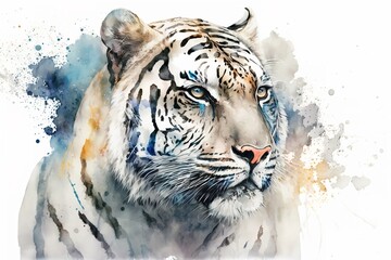 Watercolor white tiger illustration white background,Generative AI