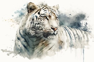 Watercolor white tiger illustration white background,Generative AI
