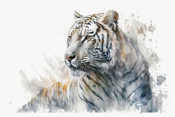 Watercolor white tiger illustration white background,Generative AI