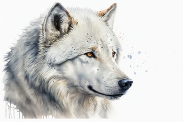 Obraz premium Watercolor white wolf illustration white background,Generative AI