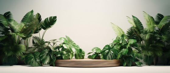 Obraz premium Tropical plant backdrop with a podium in the center.