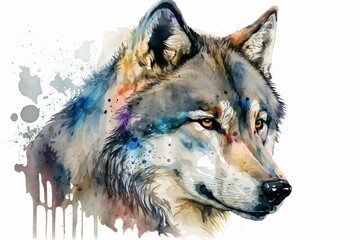 Watercolor white wolf illustration white background,Generative AI