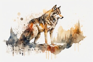 Watercolor white wolf illustration white background,Generative AI