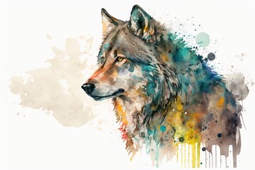 Watercolor white wolf illustration white background,Generative AI