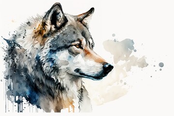 Watercolor white wolf illustration white background,Generative AI
