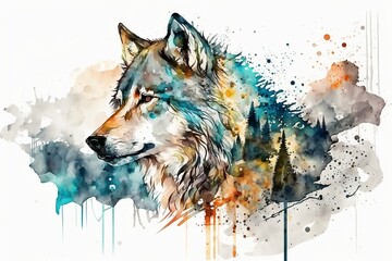 Watercolor white wolf illustration white background,Generative AI
