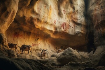 Ancient sandstone with prehistoric Lascaux-inspired painting featuring brilliant colors. Generative AI