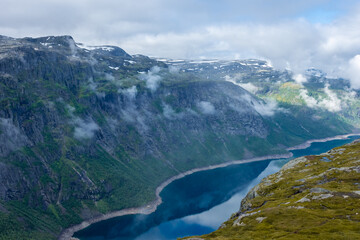 Beautiful view of the lake in Trolltunga hiking trail,  Norway