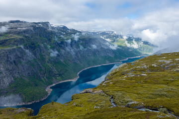Beautiful view of the lake in Trolltunga hiking trail,  Norway