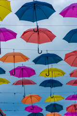 Fototapeta na wymiar Colorful umbrellas in the city center of Trondheim, Norway