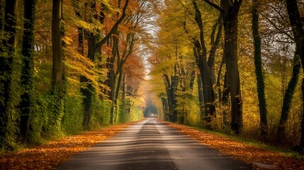 Fototapeta premium Road with A row of trees with changing autumn leaves