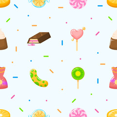 Seamless Pattern Abstract Elements Different Sweets Food Lollipops Candy Vector Design Style Background Illustration Texture For Prints Textiles, Clothing, Gift Wrap, Wallpaper, Pastel