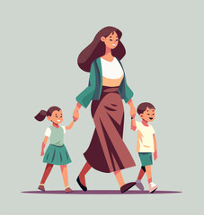 Fototapeta na wymiar mother and little children walking together mom taking son and daughter to school or kindergarten motherhood happy family