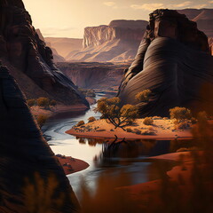 Stunning Canyon Landscape, with its towering Rock formations, winding river, and vibrant vegetation creating a breathtaking natural wonder, generative ai