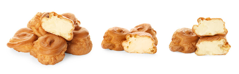 Delicious profiteroles with cream filling on white background, collage design