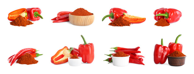 Collage with aromatic paprika powder and different fresh peppers on white background