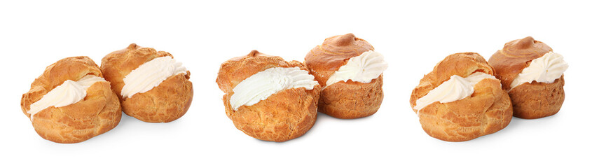 Delicious profiteroles with whipped cream filling on white background, collage design