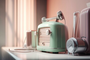Pastel colors radio and microphone in vintage style with minimalistic background. Realistic retro radio and mic 3D render for music lovers. Generative AI