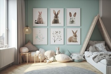 Mockup of three frames in a kids' room with a farmhouse-style design, rendered in 3D. Generative AI