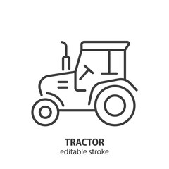 Agriculture tractor line icon. Harvest truck vector outline illustration. Editable stroke.