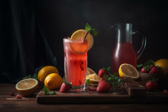 A refreshing drink consisting of strawberry juice and lemon, perfect for a menu showcasing delicious food. Generative AI