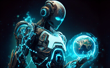 AI Artificial intelligence humanoid with Blue vibrant neon holding planet Earth on hand, Artificial Intelligence technology disruption concept