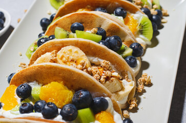 Taco Pancakes with Fresh Fruits, Blueberry and Yogurt Filling, Healthy Breakfast or Snack