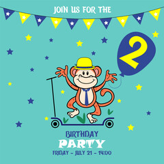 birthday card with child, little monkey, children's birthday invitation template with monkey, cute baby girl kids party invitation, birthday invitation, 2 years, join us for the birthday party, baby s