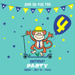birthday card with cartoon, little monkey, children's birthday invitation template with monkey, cute baby girl kids party invitation, birthday invitation, 4 years, join us for the birthday party, baby