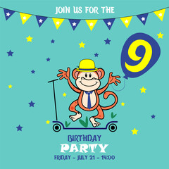 little monkey, children's birthday invitation template with monkey, cute baby girl kids party invitation, birthday invitation, 9 years, join us for the birthday party, baby shower