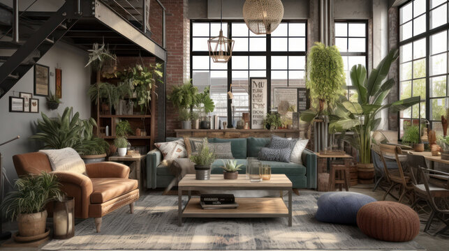 Interior design inspiration, a mix of eclectic, industrial, modern and vintage styles. Generative AI concept.