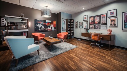 Obraz premium Trendy and Colorful Interior Shot, Executive's Private Office, Stylish Workspace, Vibrant Design, Generative AI Illustration