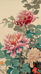 beautiful flowers in a traditional japanese embroidery art, generative ai technology