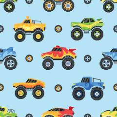 Monster Truck Seamless Pattern Featuring Various Vehicles In Bold Colors And Patterns. Tiled Background For Children