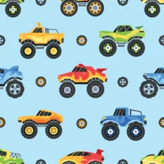 Afwasbaar Fotobehang Autorace Monster Truck Seamless Pattern Featuring Various Vehicles In Bold Colors And Patterns. Tiled Background For Children