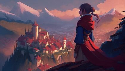an asian warrior girl standing on top of a hill looking down to a medieval town, videogame anime style, generative ai technology