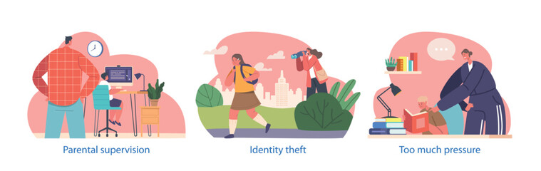 Parents Monitoring Kids Activities, Parental Supervision, Pressure Of Children. Mom and Dad Ensuring Safety, Control