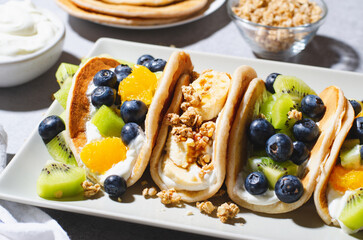 Taco Pancakes with Fresh Fruits, Blueberry and Yogurt Filling, Healthy Breakfast or Snack