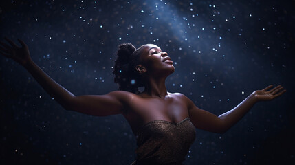 Obraz na płótnie Canvas Body positivity and inclusion image of plus sized dark skinned woman dancing in glowing sparks - Generative AI