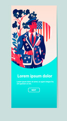 man wearing cloth similar USA flag guy in american clothes celebrating independence day portrait vertical copy space