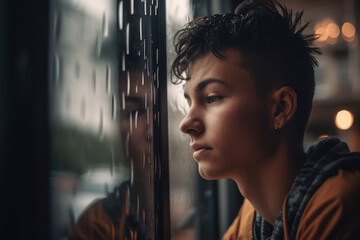 Depressed young adult looking out on the rain through window, mental health awareness - Generative AI