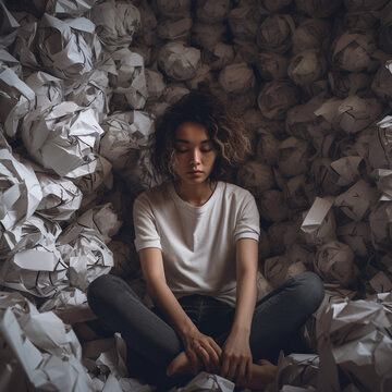 Depiction of depression, a man sorrounded by clumps of papers, mental health awarenes - Generative AI