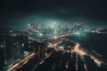A futuristic city at night with glowing lights and advanced technology network. Generative AI