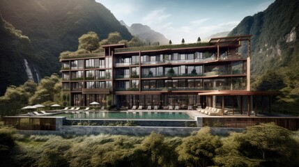 Fototapeta na wymiar Picturesque Landscape Hotel, Exclusive Experience, Breath taking Mountain and Forest Views, Modern Luxury, Traditional Elegance, Rooftop Infinity Pool, Generative AI Illustration