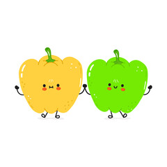 Yellow bell pepper and green bell pepper card. Vector hand drawn doodle style cartoon character illustration icon design. Happy Yellow bell pepper and green bell pepper friends concept card