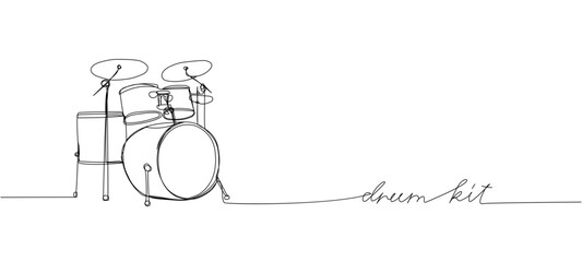 Drum kit one line art. Continuous line drawing of play, drum, drumstick, kit, stick, music, rock, instrument, band, percussion, sound, bass, with an inscription, lettering, handwritten.