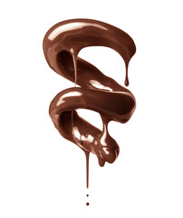Melted chocolate with dripping drops in a swirling shape isolated on a white background