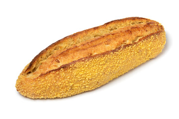 Fresh baked whole loaf corn bread isolated on white background close up