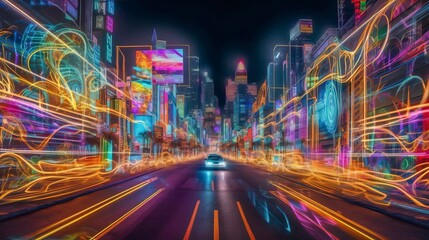 Fototapeta premium Science Fiction Futuristic Cyberpunk Neon Night City Street illustration Concept. generative Ai
